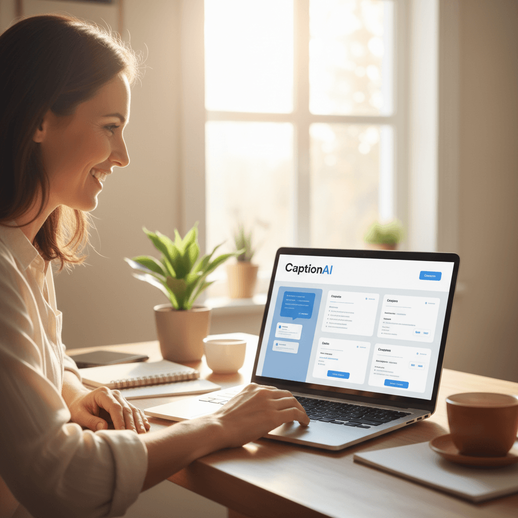 Creator using CaptionAI dashboard at desk